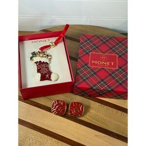 Monet 2023 Christmas Stocking Ornament & Red Square Earrings Set